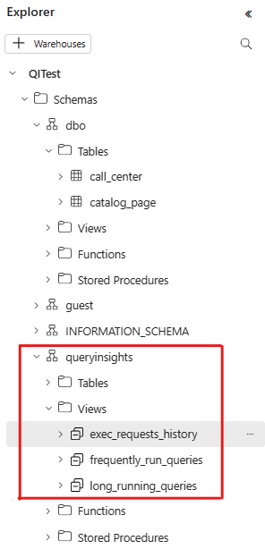 Screenshot di Fabric Explorer che mostra dove trovare viste di informazioni dettagliate sulle query in Schemi, queryinsights, Viste.