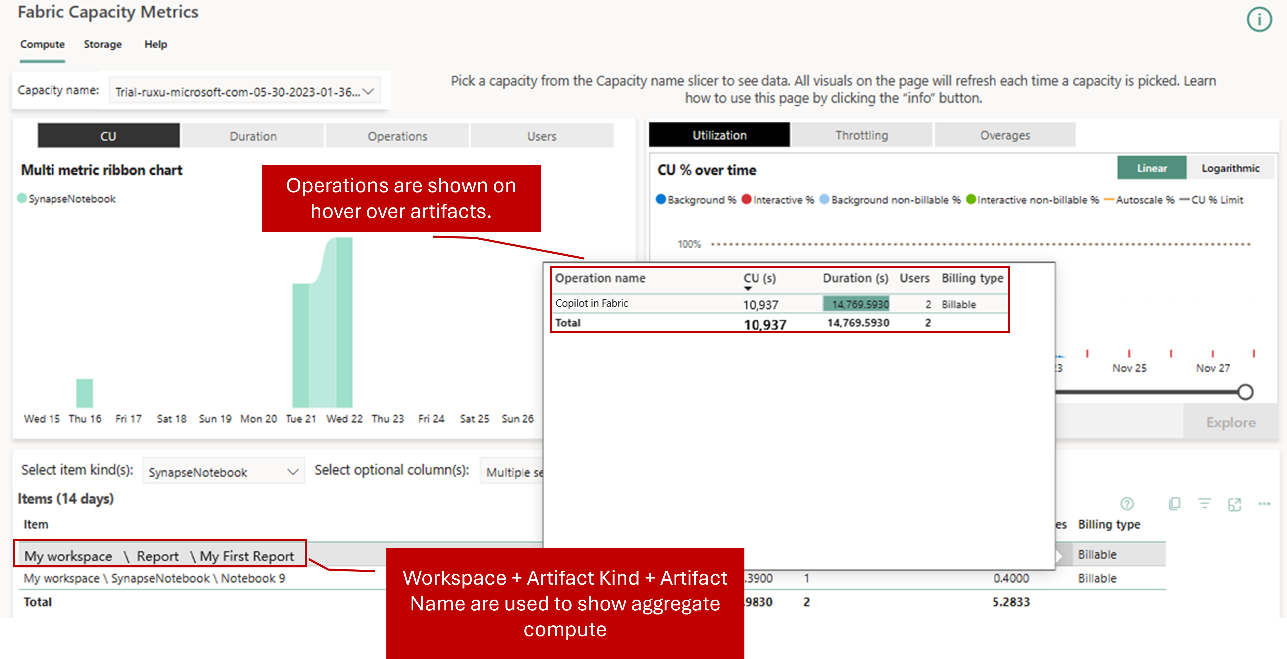 Screenshot di Fabric Capacity Metrics.