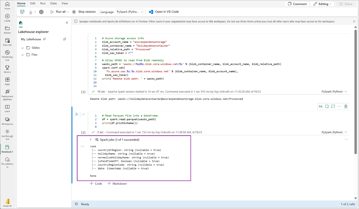 Screenshot che mostra l'output dello schema del dataframe.