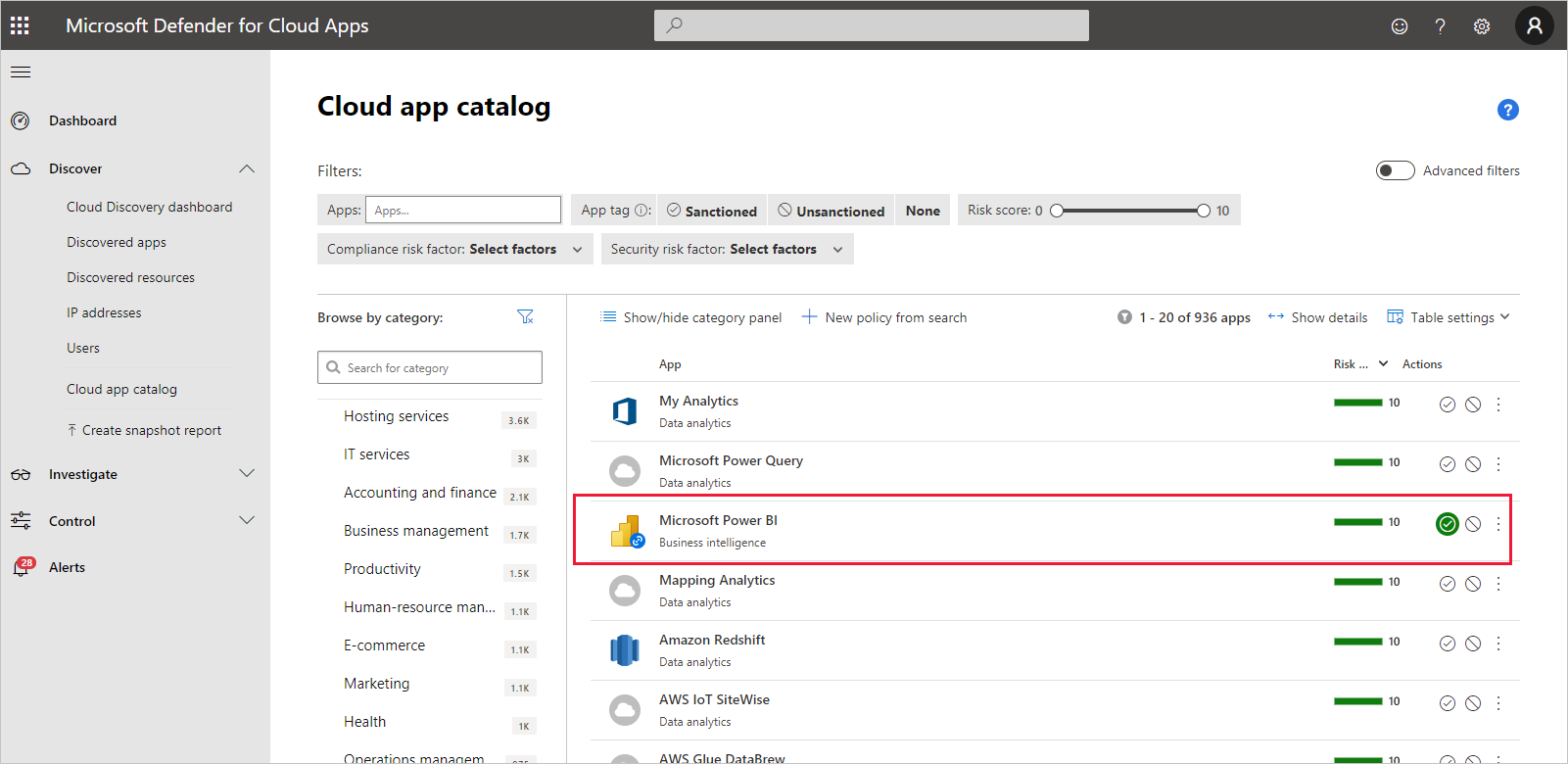 Screenshot della finestra app Defender per il cloud che mostra la pagina Catalogo app cloud con Power BI evidenziata.