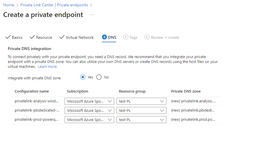 Screenshot della finestra Crea DNS endpoint privato.