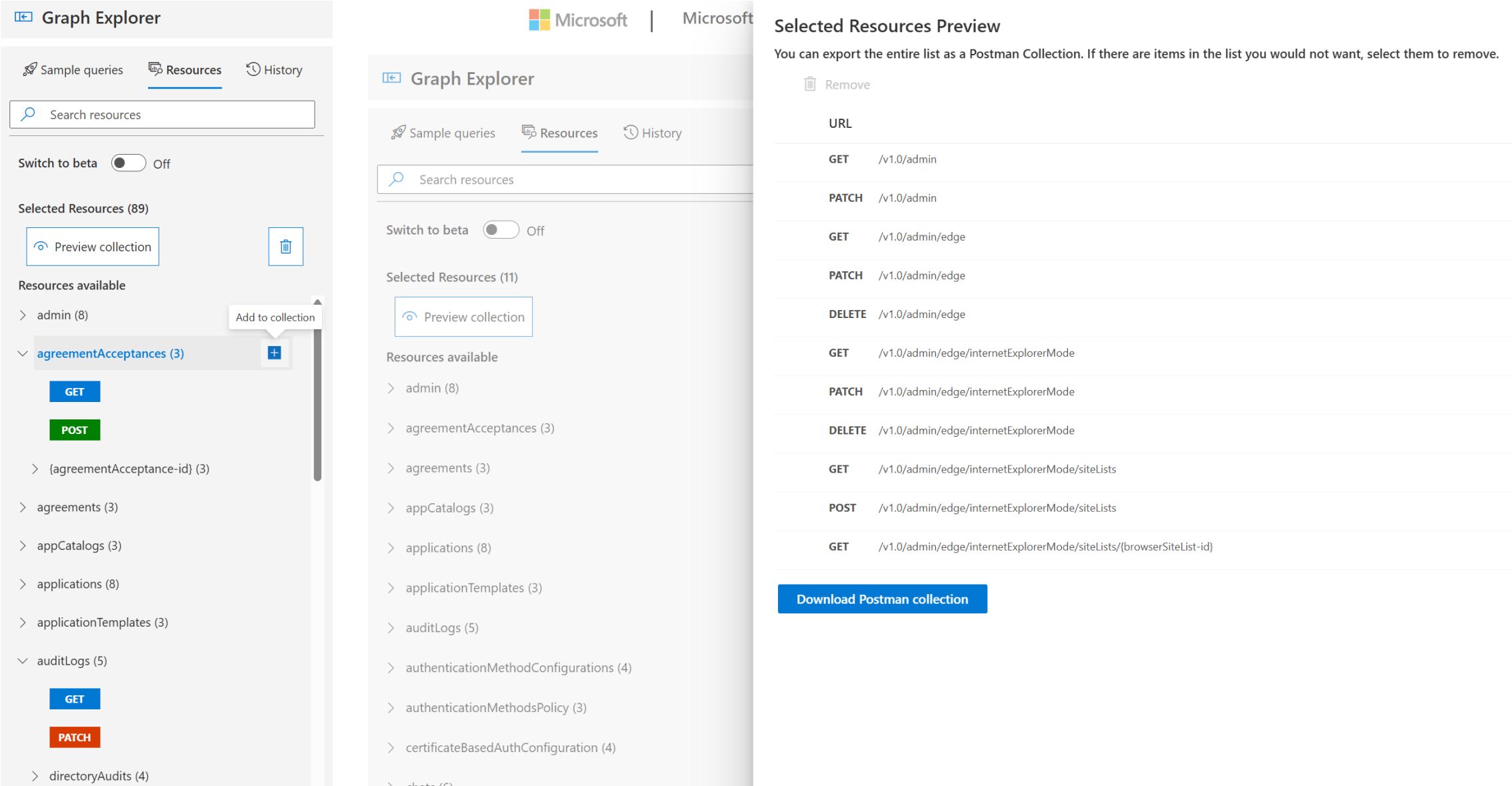 On the left is a screenshot of the Resources tab in Graph Explorer. The right side displays the Preview collection panel. 