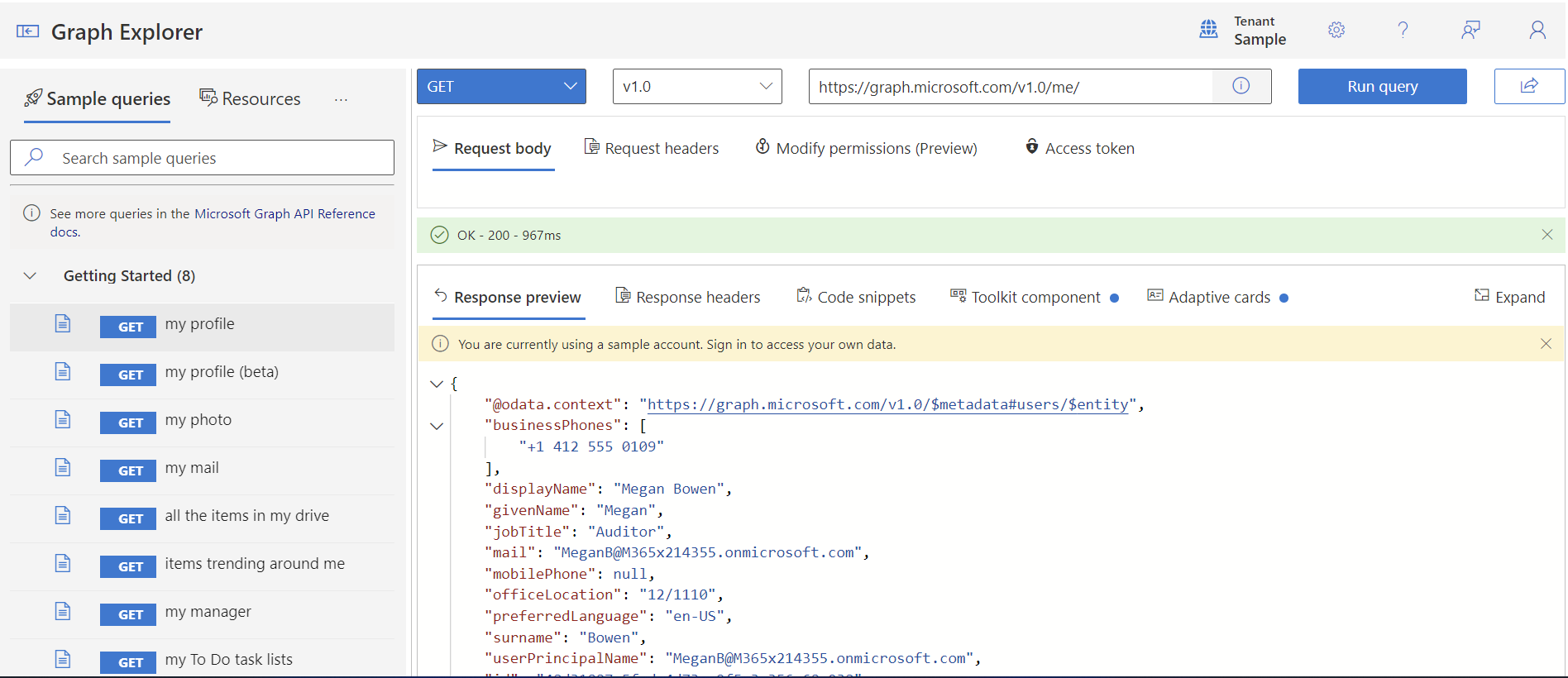 Screenshot of a sample request in Graph Explorer.