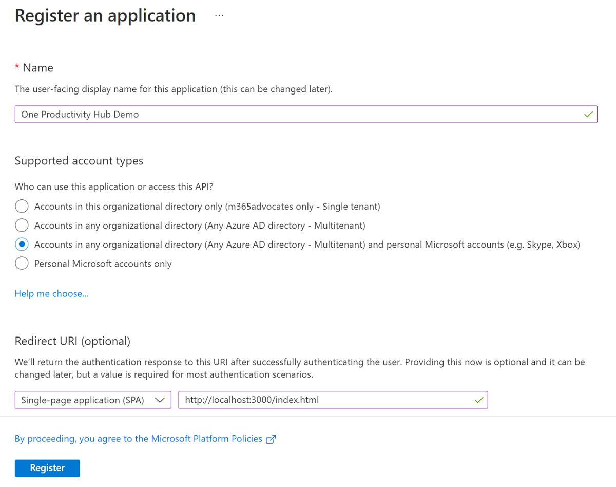 Screenshot of the Register an application page showing the values to input