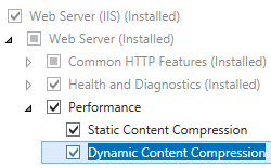 Screenshot del nodo Server Web e Prestazioni con la compressione contenuto statica selezionata e la compressione dinamica del contenuto evidenziata.