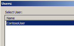 Screenshot che mostra la finestra di dialogo Utenti. L'utente Contoso è elencato in Nome.