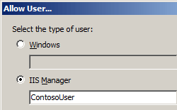 Screenshot che mostra la finestra di dialogo Consenti utente. L'opzione I S Manager è selezionata e l'utente Contoso è elencato nel campo .