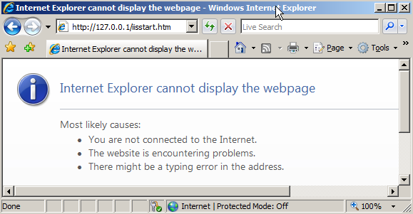 Screenshot del Web browser Internet Explorer. Il testo nella pagina indica che Internet Explorer non può visualizzare la pagina Web.