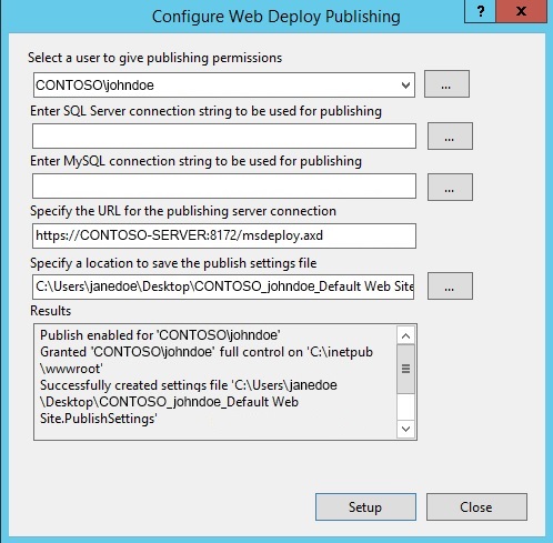 Screenshot della finestra di dialogo Configura pubblicazione distribuzione Web. In Selezionare un utente per concedere le autorizzazioni di pubblicazione è il testo C O N T O S O barra rovesciata john doe. Viene visualizzato il pulsante Setup .The Setup button is shown.