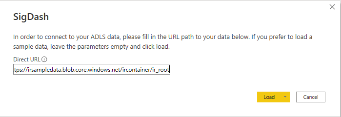 Questa immagine mostra la richiesta popup compilata con l'URL del contenitore e la posizione della cartella del file model.json aggiunta alla fine.