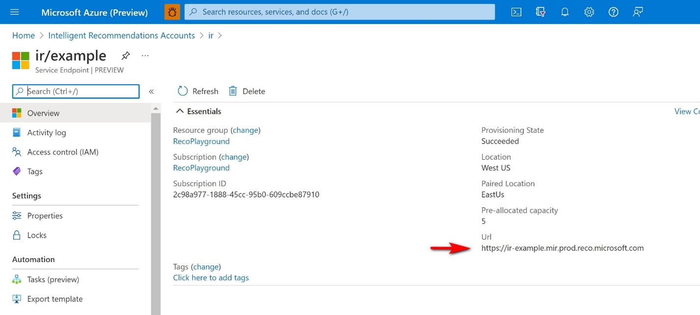 Individua l'URL dell'endpoint di servizio nelle proprietà della risorsa endpoint.