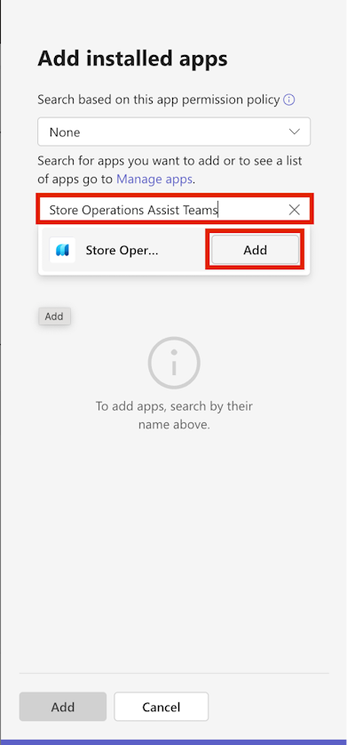 Screenshot di Store Operations Assist Teams con il pulsante Aggiungi.