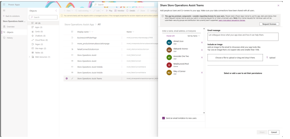 Screenshot della condivisione di Store Operations Assist Teams.