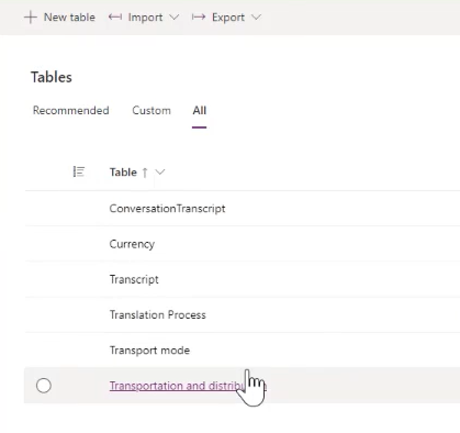 Seleziona la tabella Trasporto e distribuzione.