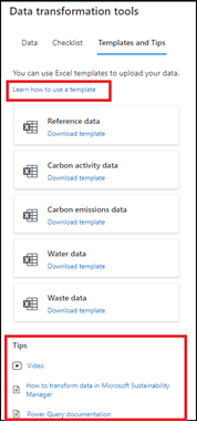 Screenshot che mostra la scheda Modelli e suggerimenti della pagina Strumenti di trasformazione dei dati.