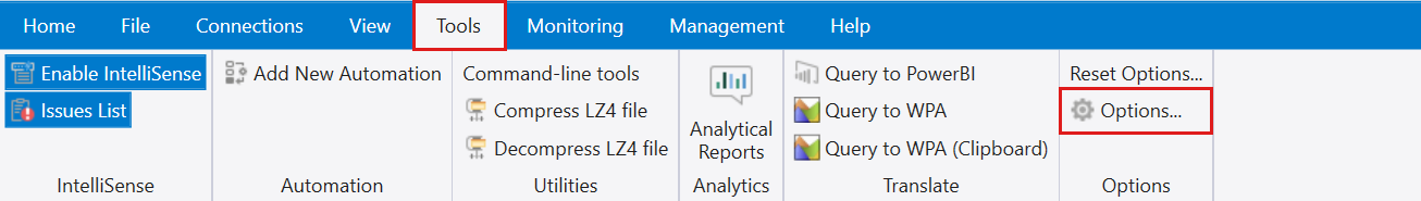 Screenshot showing the options widget in the Kusto.Explorer tool.