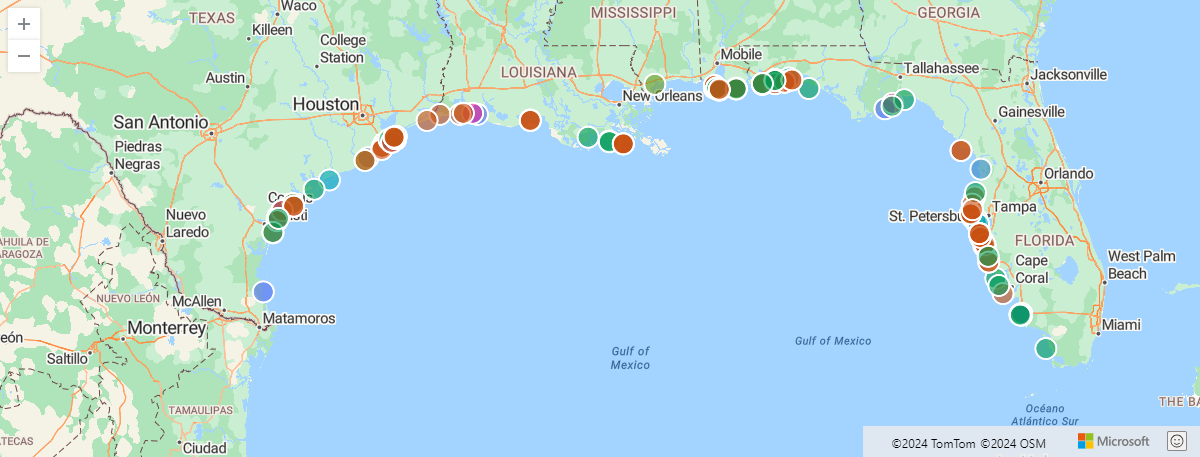 Screenshot of rendered storm events along the south coast of the US.