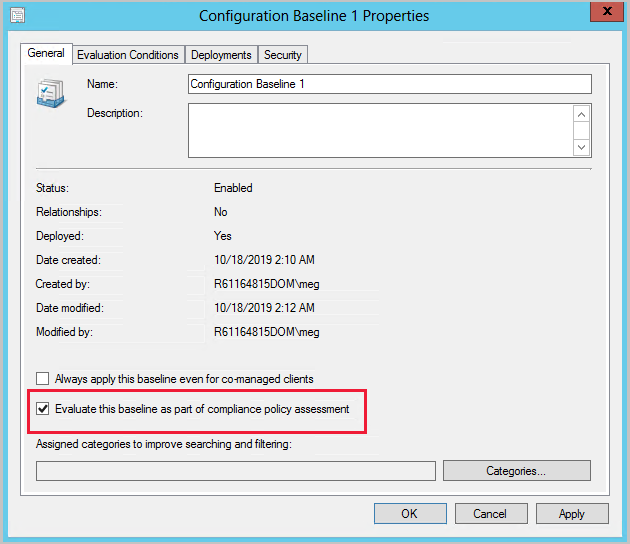 Finestra di dialogo Proprietà baseline di configurazione