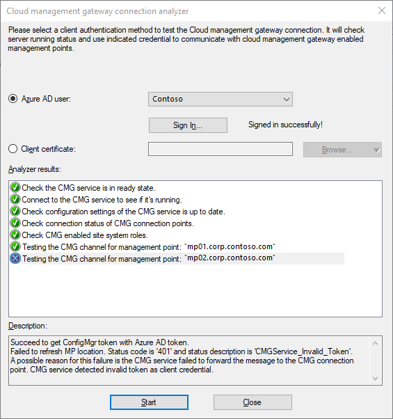 Output di esempio per l'analizzatore di connessione cloud management gateway (CMG).