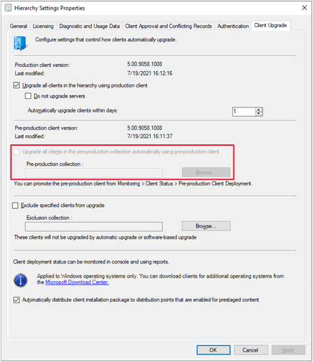 Finestra delle impostazioni della gerarchia, scheda aggiornamento client, evidenziazione della raccolta di pre-produzione.
