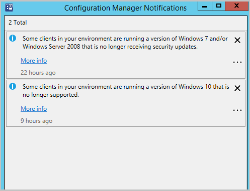 Screenshot delle notifiche nella console per i sistemi operativi oltre la data di fine del supporto