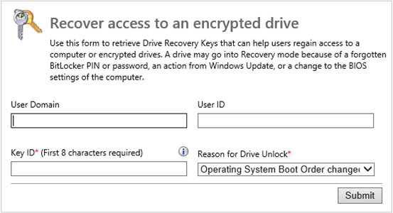 Pagina Relativa all'amministrazione e al monitoraggio del sito Web di BitLocker Driver Recovery.