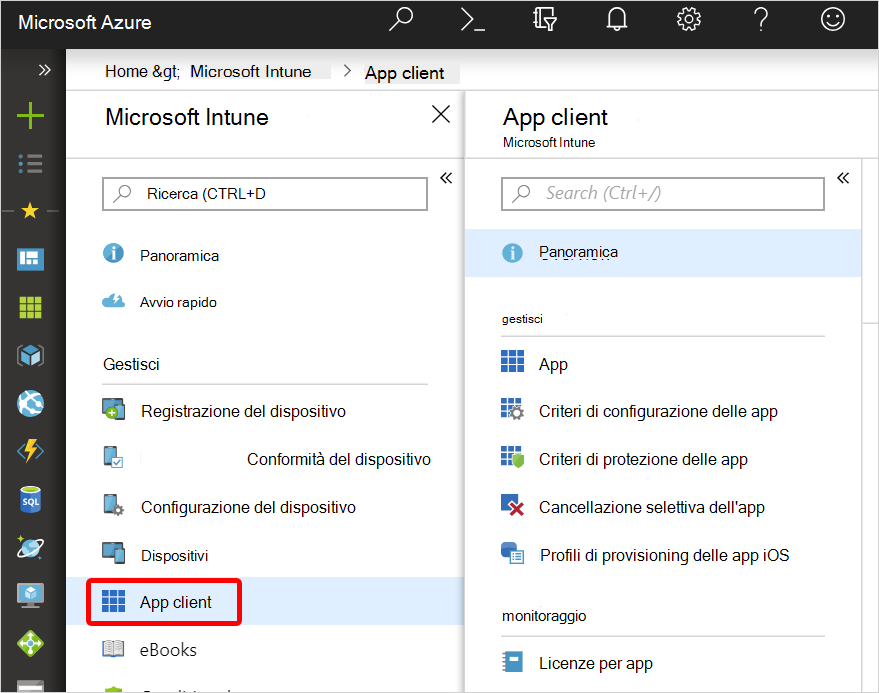 Screenshot delle azioni di accesso alla protezione delle app di Intune