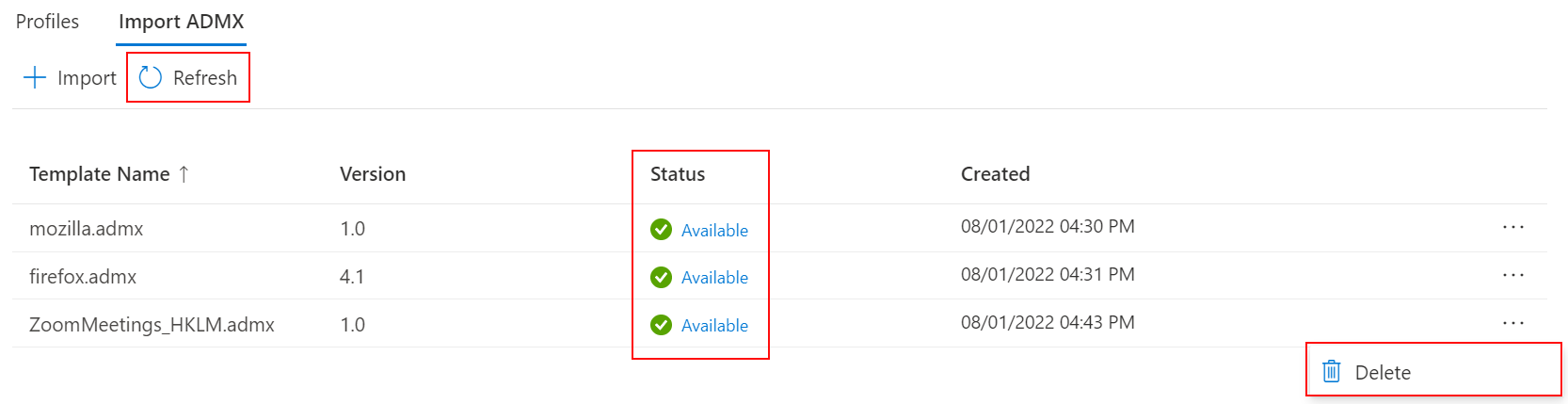 Screenshot che mostra come aggiornare ed eliminare modelli amministrativi ADMX e ADML personalizzati importati nell'interfaccia di amministrazione di Microsoft Intune e Intune.