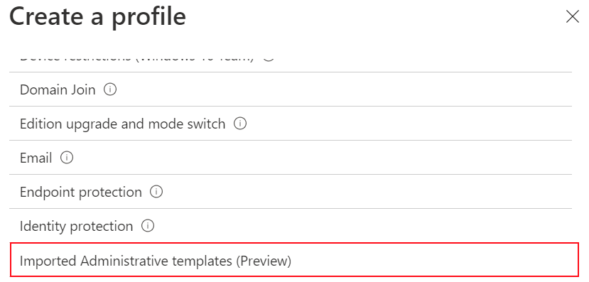 Screenshot che mostra come selezionare modelli amministrativi importati per creare un profilo di configurazione del dispositivo usando le impostazioni ADMX importate nell'interfaccia di amministrazione di Microsoft Intune e Intune.