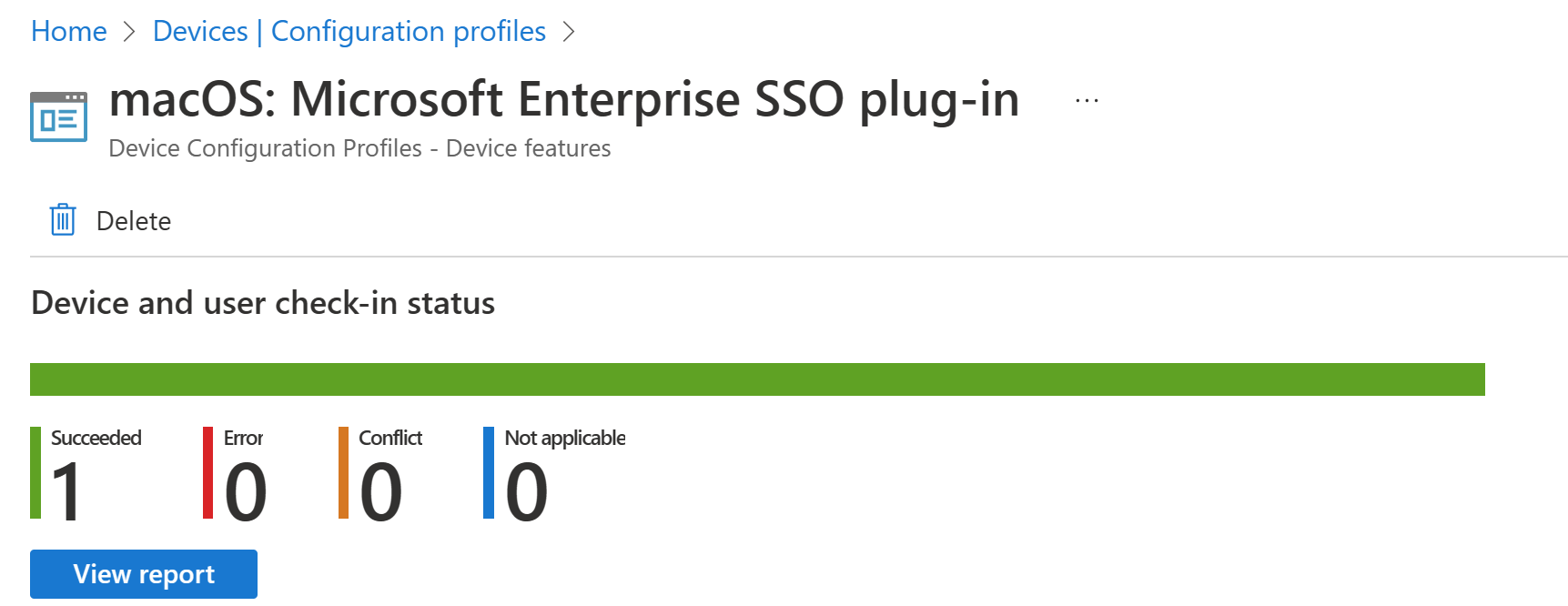 Screenshot che mostra il report sulla distribuzione del profilo di configurazione del dispositivo macOS in Microsoft Intune.