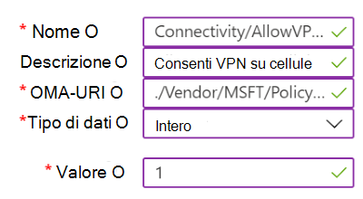 Screenshot che mostra un esempio di criteri personalizzati contenenti impostazioni VPN in Microsoft Intune.