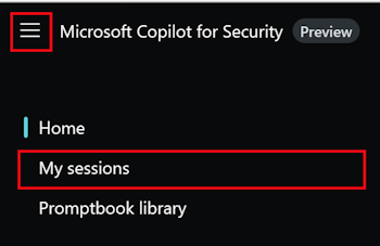 Screenshot che mostra il menu Microsoft Copilot per la sicurezza e Sessioni personali con sessioni precedenti in Copilot per il portale di sicurezza.