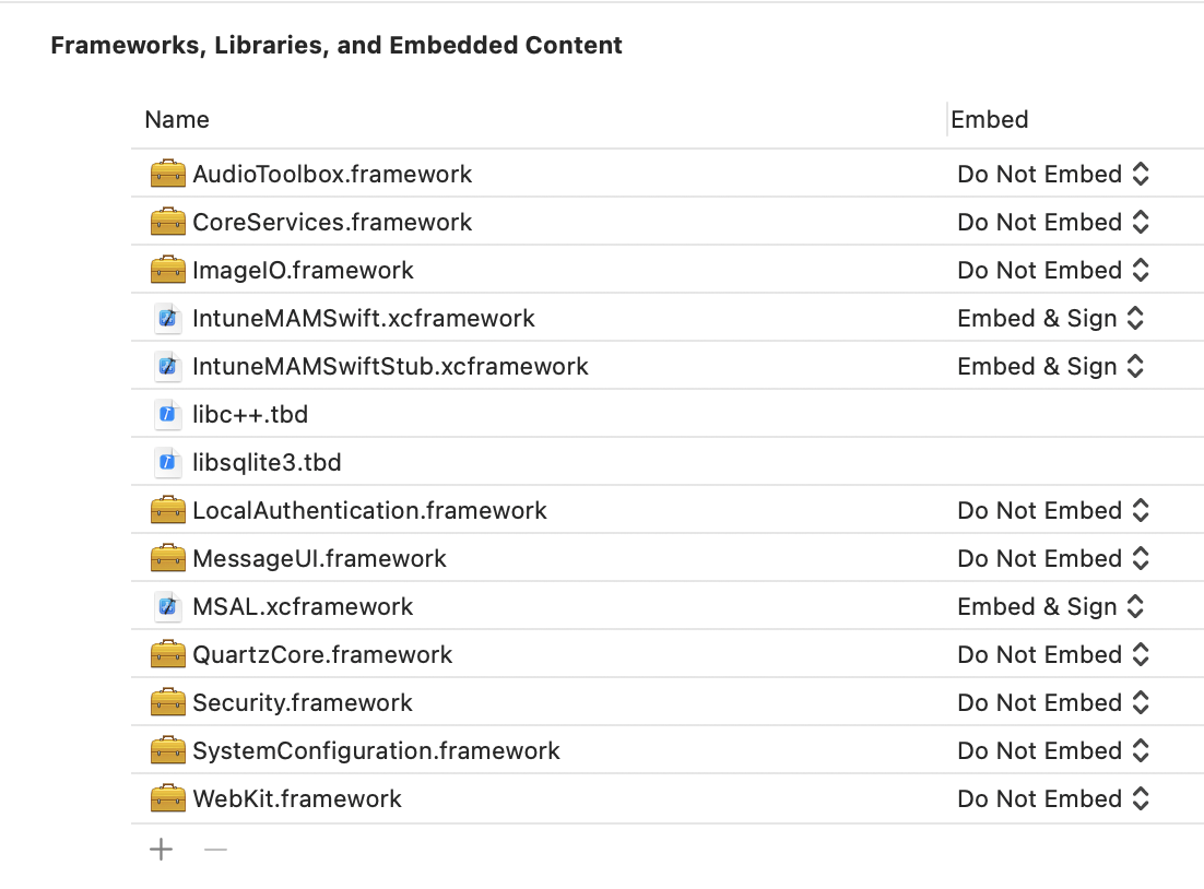 Framework iOS di Intune App SDK: esempio di framework, librerie e contenuto incorporato di Xcode