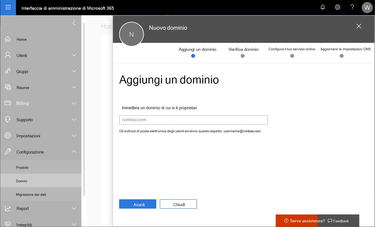 Screenshot dell'interfaccia di amministrazione di Microsoft 365 con impostazioni > Domini selezionati e aggiunta di un nuovo nome di dominio