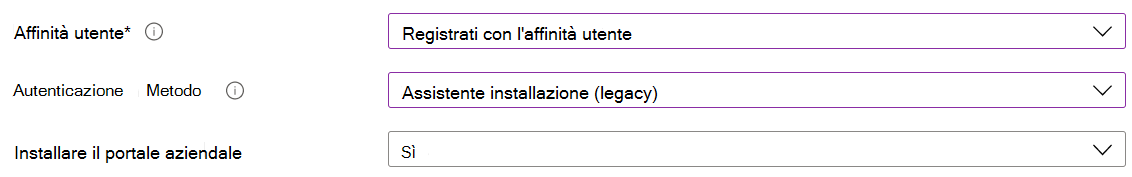 Nell'interfaccia di amministrazione di Intune e in Microsoft Intune registrare i dispositivi iOS/iPadOS usando la registrazione automatica dei dispositivi (ADE). Selezionare Registra con affinità utente, usare Assistente configurazione per l'autenticazione e installare l'app Portale aziendale.