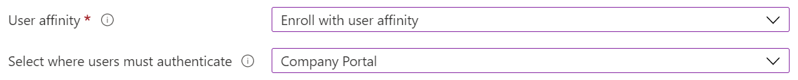 Nell'interfaccia di amministrazione di Intune e in Microsoft Intune registrare i dispositivi iOS/iPadOS usando Apple Configurator. Selezionare Registra con affinità utente e usare l'app Portale aziendale per l'autenticazione.