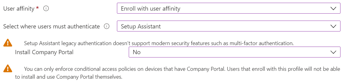 Nell'interfaccia di amministrazione di Intune e in Microsoft Intune registrare i dispositivi iOS/iPadOS usando Apple Configurator. Selezionare Registra con affinità utente, usare Assistente configurazione per l'autenticazione e non installare l'app Portale aziendale.