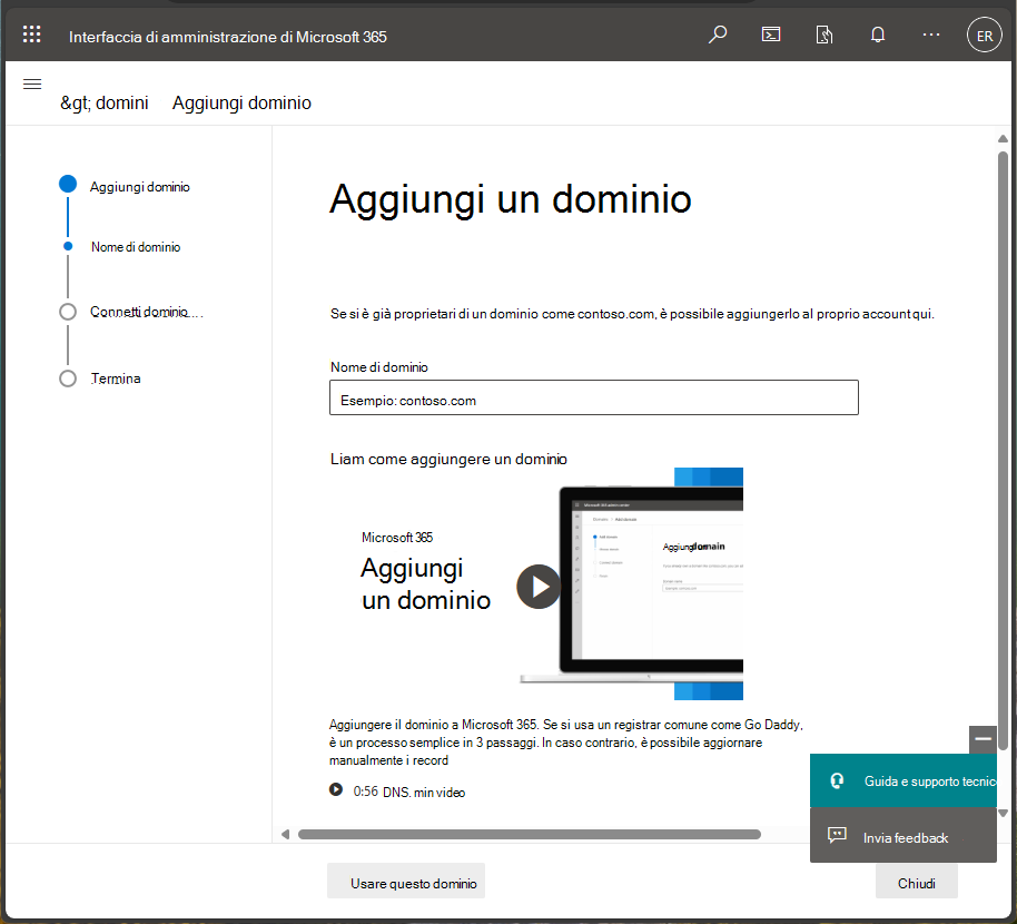 Screenshot dell'interfaccia di amministrazione di Microsoft 365 - Aggiunta del dominio