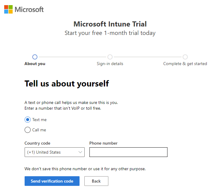 Screenshot della pagina Configura l'account di Microsoft Intune: inviare il codice di verifica