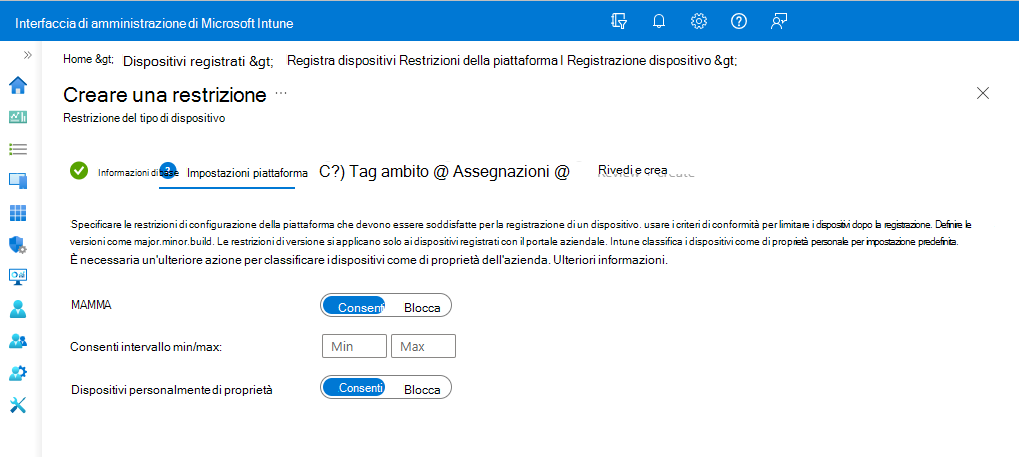 Pagina delle restrizioni di configurazione della piattaforma.