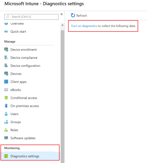 Screenshot che mostra come attivare le impostazioni di diagnostica in Microsoft Intune per inviare i log a Monitoraggio di Azure.