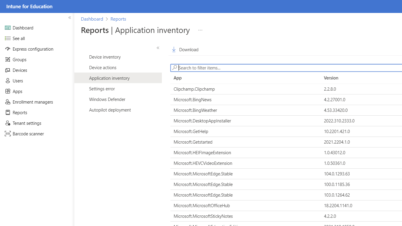 Opzioni per la creazione di report disponibili in Intune per Education quando si seleziona il pannello dei report