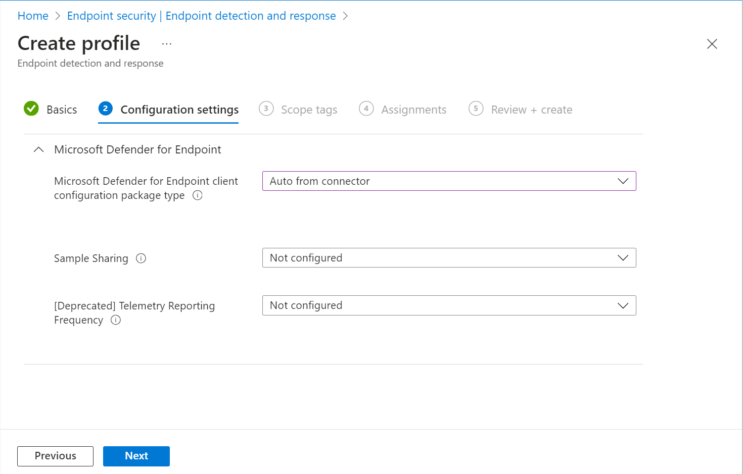 Screenshot delle opzioni di configurazione per Rilevamento endpoint e risposta.