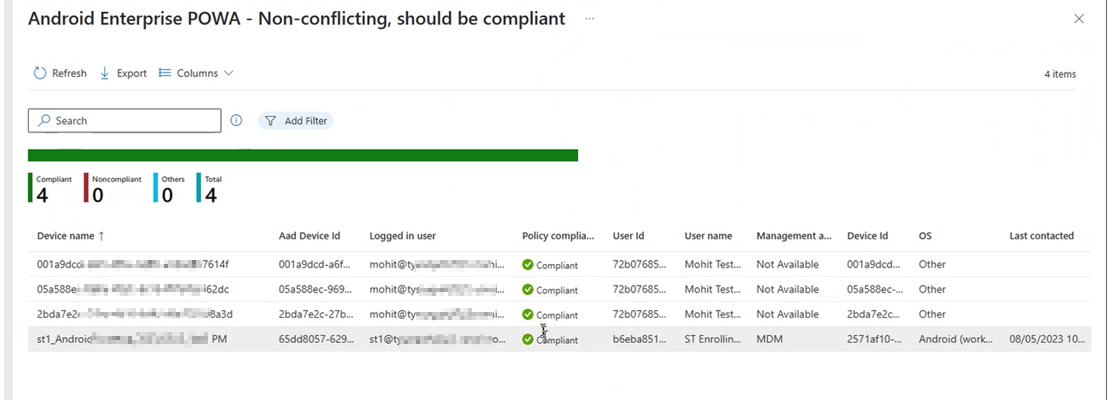 Visualizzazione del report dettagliato sullo stato del dispositivo, dopo aver selezionato il pulsante Visualizza report nell'interfaccia di amministrazione di Intune.