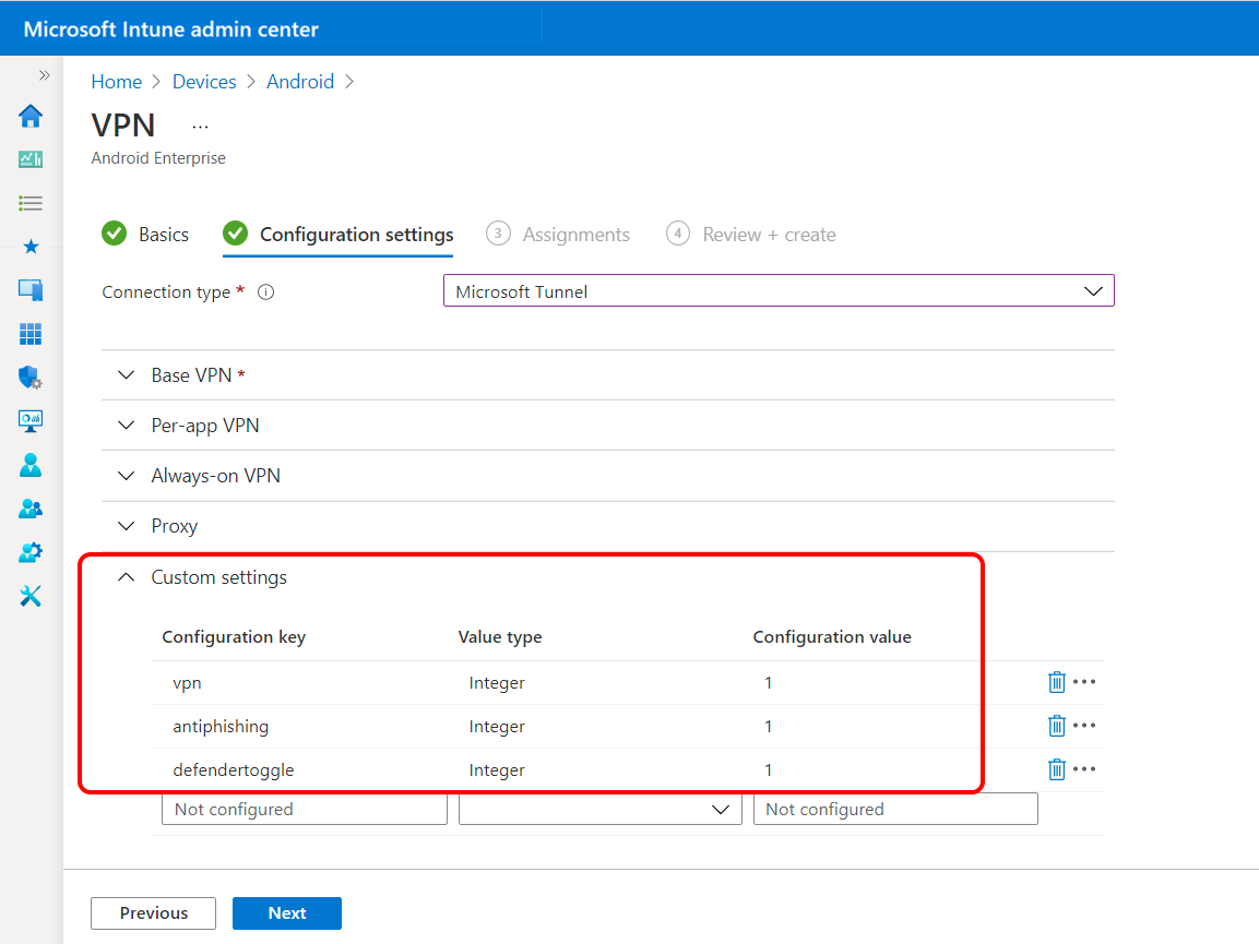 Configurare le impostazioni personalizzate nel profilo VPN per Microsoft Defender per endpoint