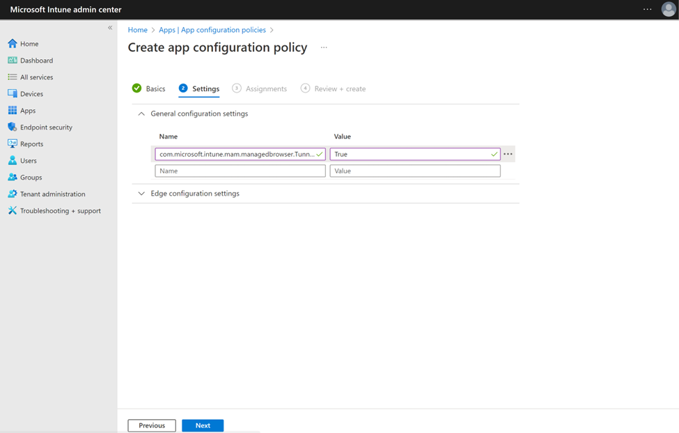 Immagine che mostra la chiave di configurazione e il valore del commutatore identity per il tunnel MAM nei dispositivi Android non gestiti in Microsoft Intune.