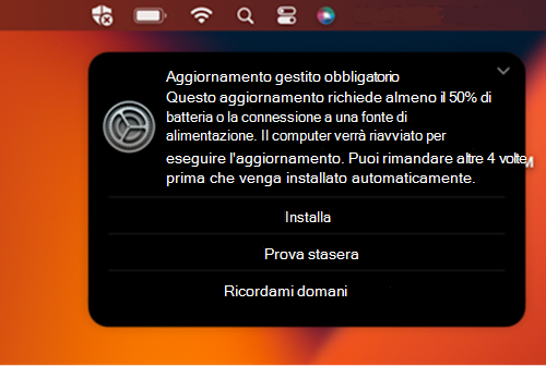 Richiesta di notifica di esempio per un aggiornamento obbligatorio in un dispositivo Apple macOS.