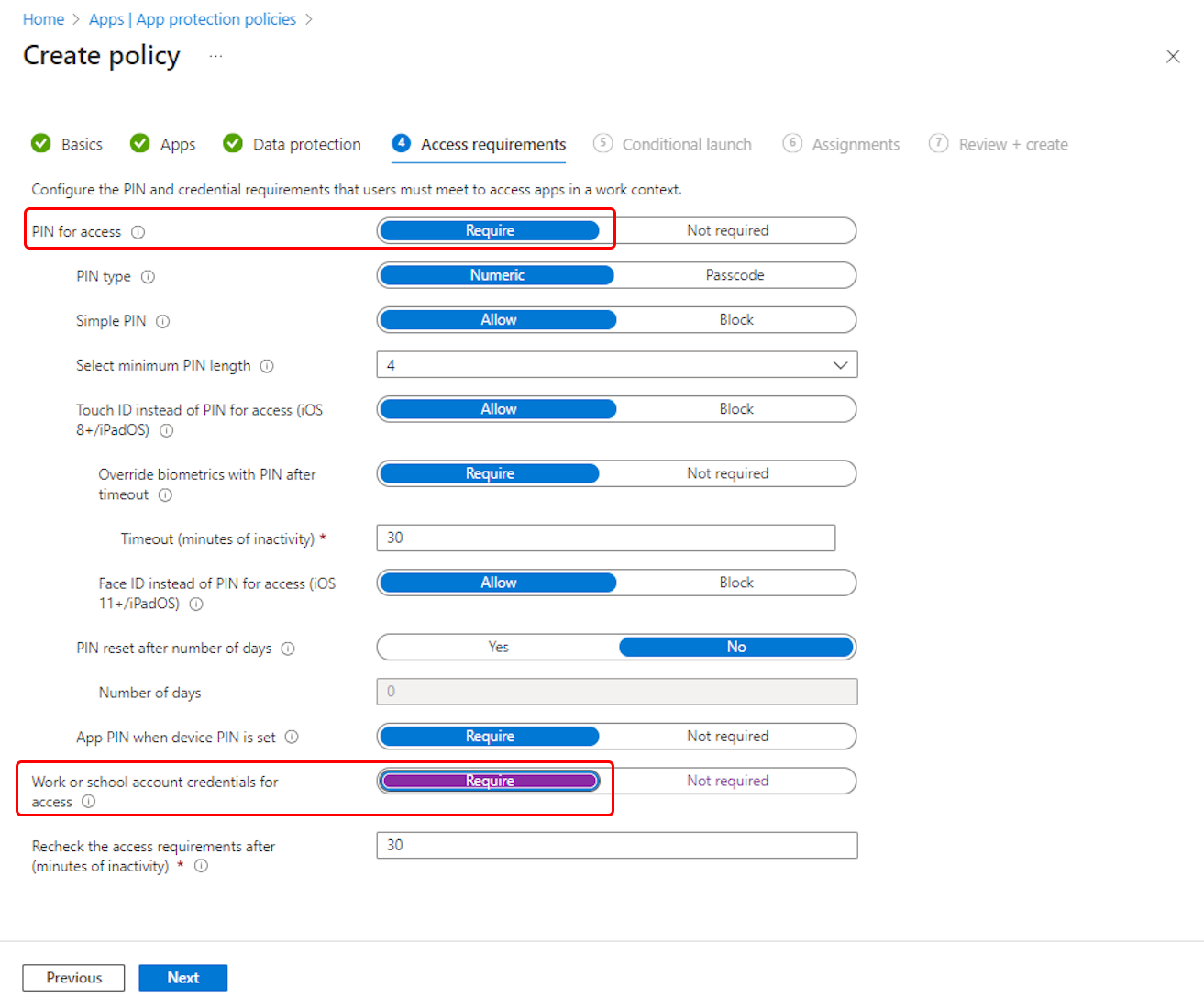 Selezionare le azioni di accesso ai criteri di protezione delle app di Outlook.