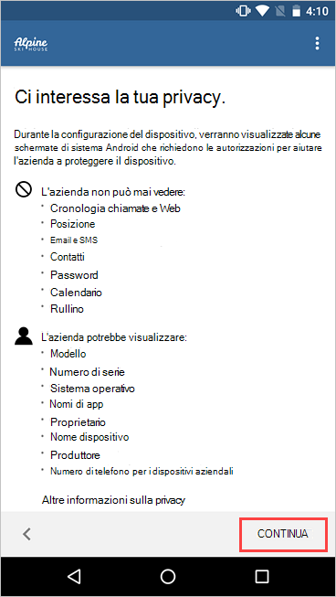 Screenshot di Portale aziendale, Ci interessa la schermata della privacy, evidenziando il pulsante Continua.