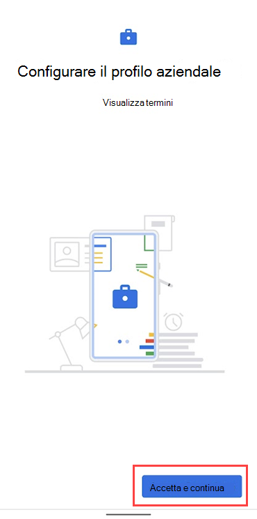 Screenshot di Portale aziendale che mostra il collegamento alle condizioni di Google ed evidenzia il pulsante Accetta & continua.